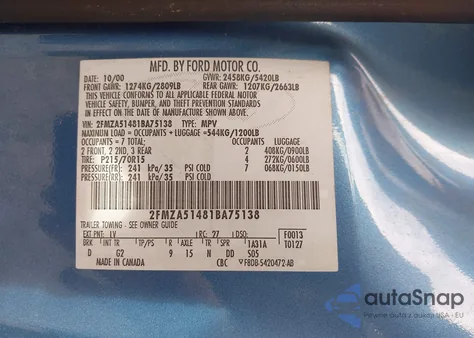 2001 Ford Windstar Lx из США, поврежденный, VIN 2FMZA51481BA75138